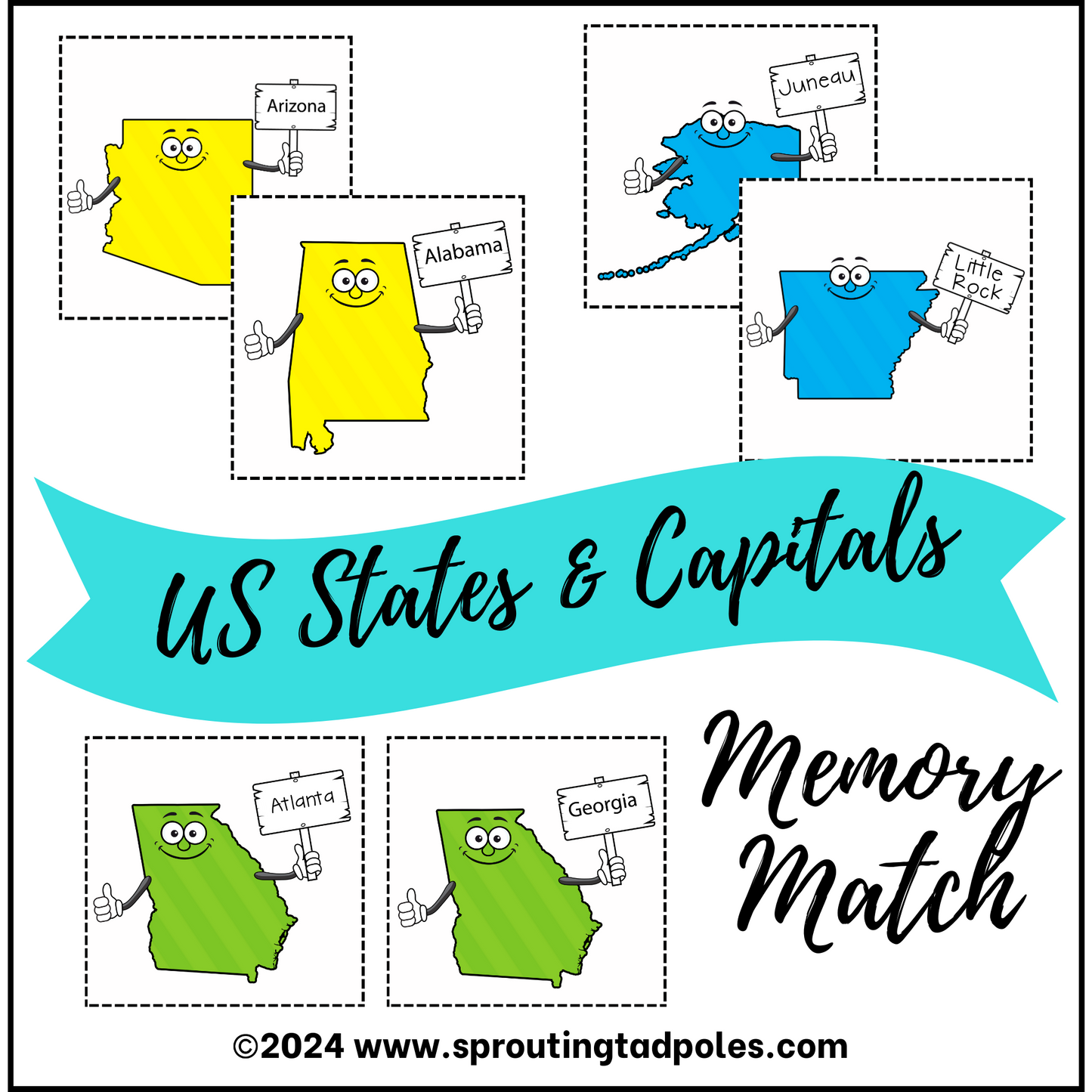 USA States & Capitals Memory Match - PHYSICAL & DIGITAL VERSION