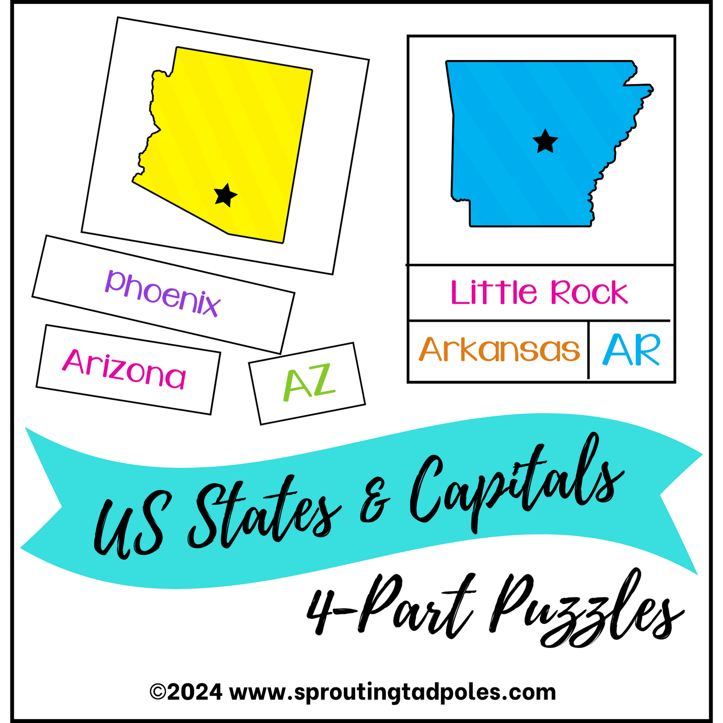 USA States & Capitals 4-Part Puzzles - PHYSICAL & DIGITAL VERSION