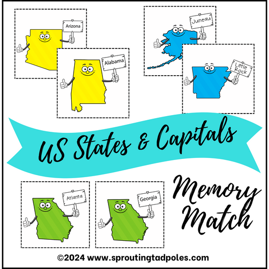 USA States & Capitals Memory Match - PHYSICAL & DIGITAL VERSION