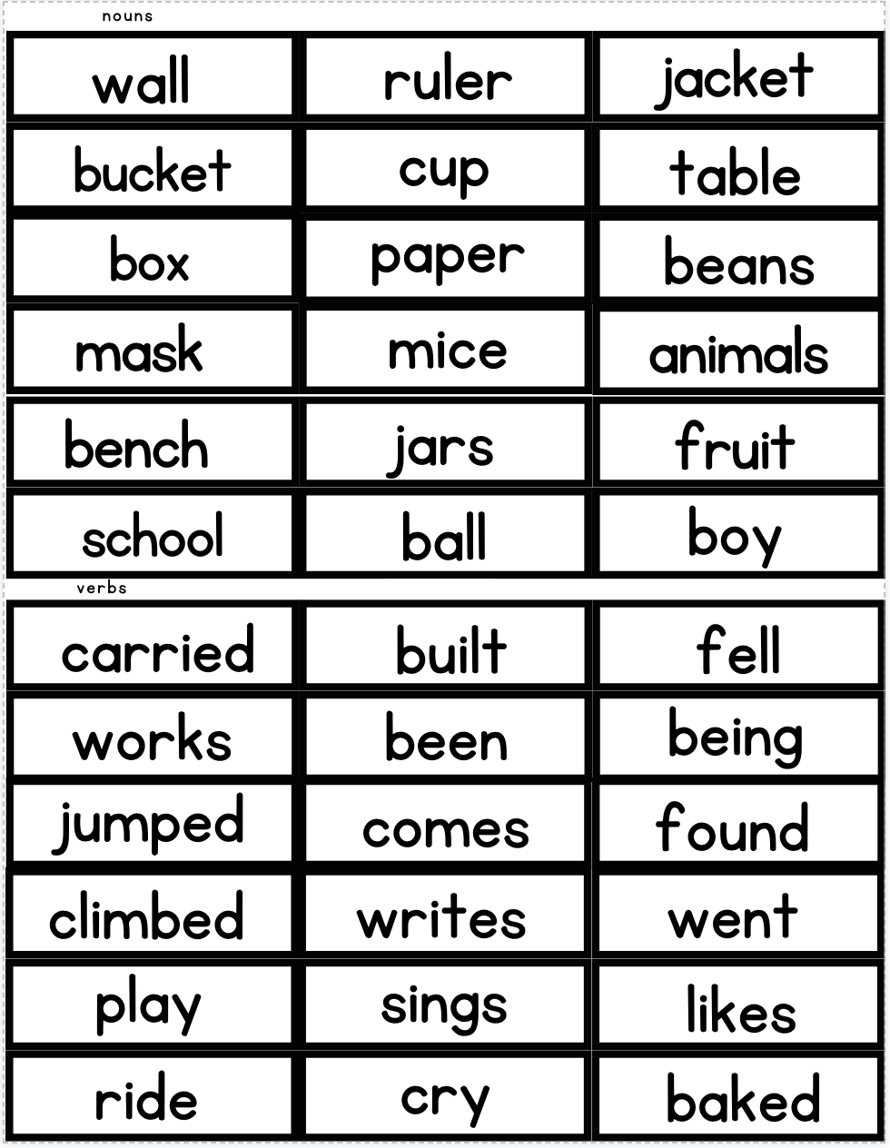 Grammar Parts of Speech Sorting Game
