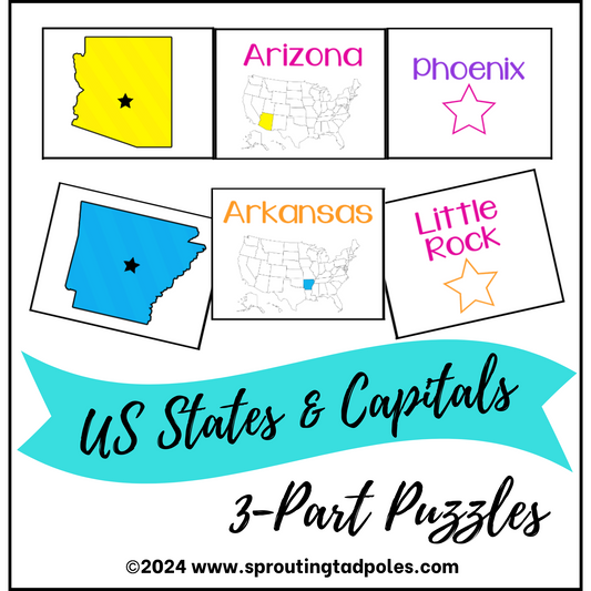 USA States & Capitals 3-Part Puzzles - PHYSICAL & DIGITAL VERSION