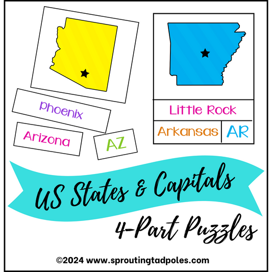 USA States & Capitals 4-Part Puzzles - PHYSICAL & DIGITAL VERSION