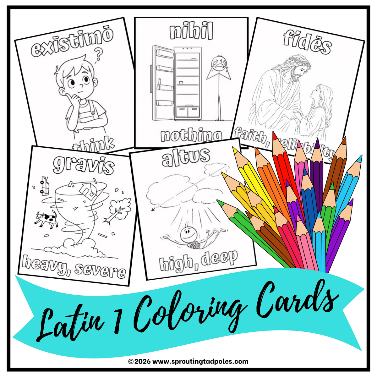 Collection of 5 illustrated Latin vocabulary coloring cards for creative, hands-on learning featuring illustrated vocabulary words for homeschool Latin learning.