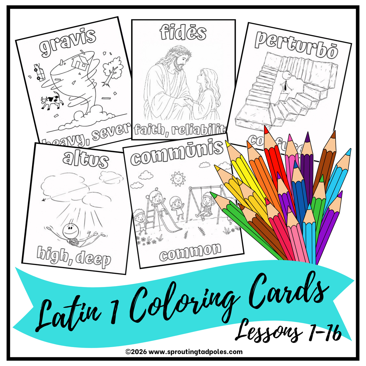 Collection of 5 illustrated Latin vocabulary coloring cards for creative, hands-on learning featuring illustrated vocabulary words for homeschool Latin learning.